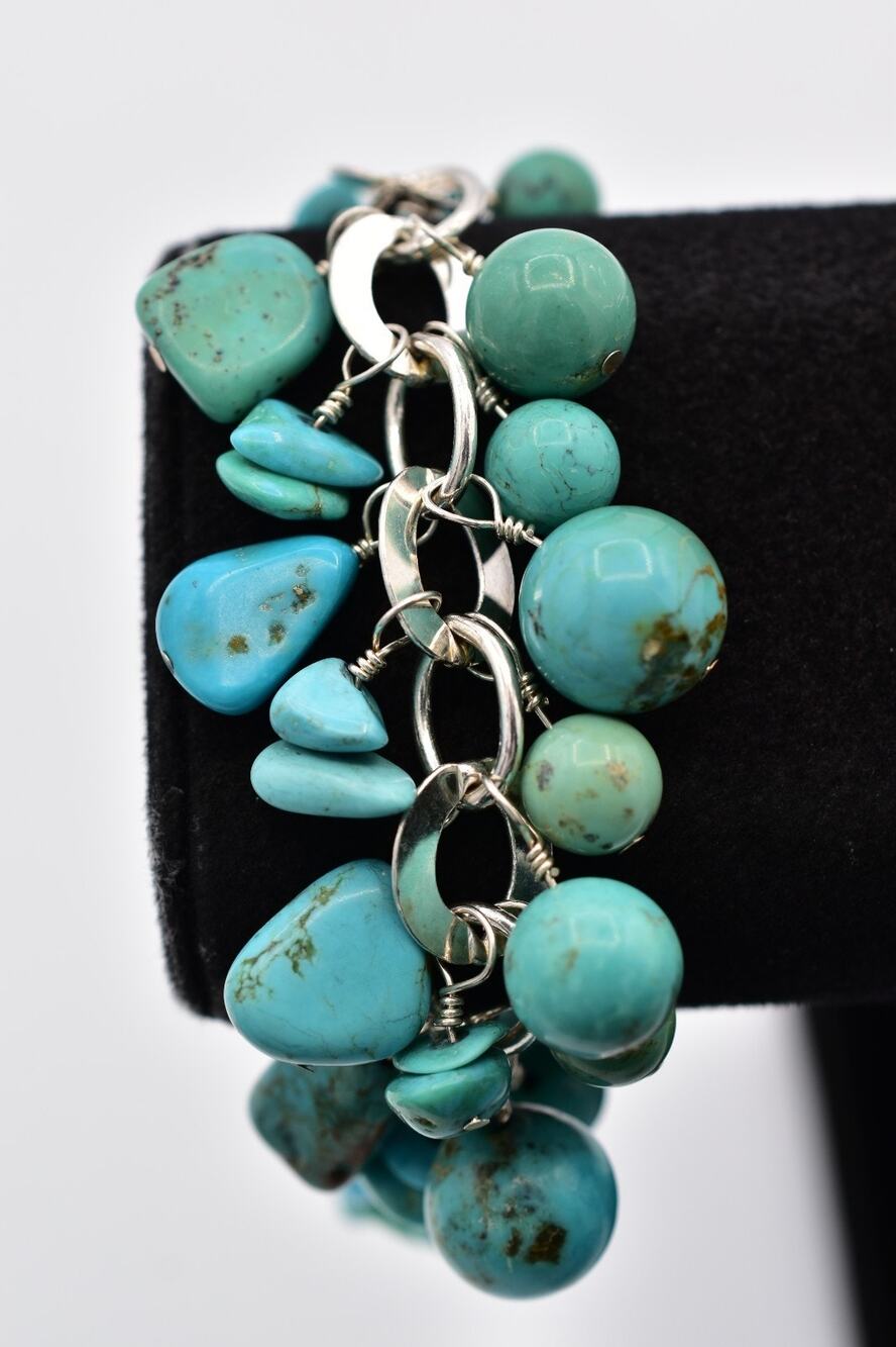 Sally C Sterling Silver 925 Turquoise Cluster Charm Bracelet 8" SX Signed 8 Bin2